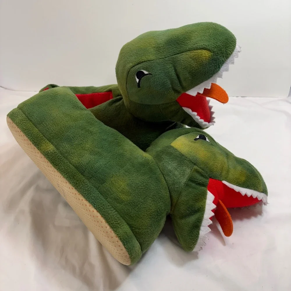 Old Navy Kids Green‎ Dinosaur T-Rex Plush Slippers XXL (5-6) Non-Slip Soles
